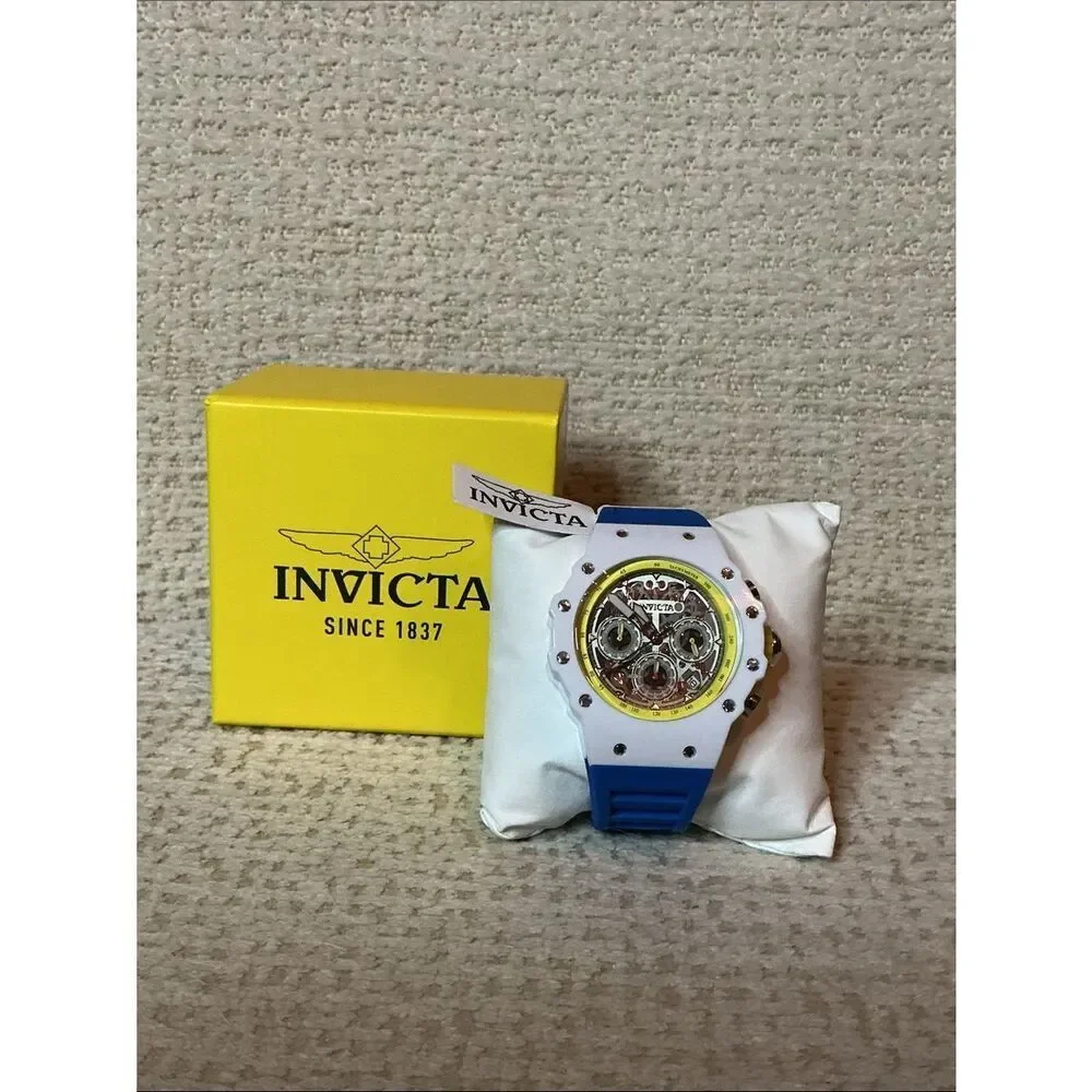 Invicta White Case Blue Strap Chronograph Watch with Red Accents 69666
